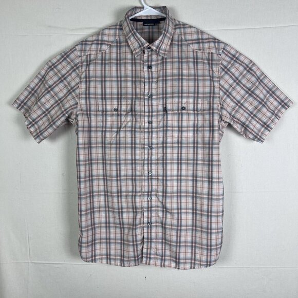 Kavu Shirt Mens Large Orange Gray Plaid Short Sleeve Button Up Hiking Outdoors - Picture 1 of 11